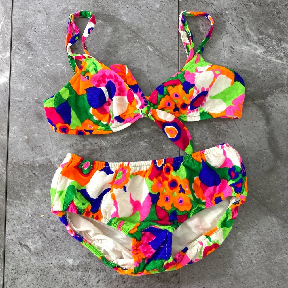 Vintage 60s Barkcloth Bikini Swim Suit Flower Power Vibrant Floral Small XS 1960